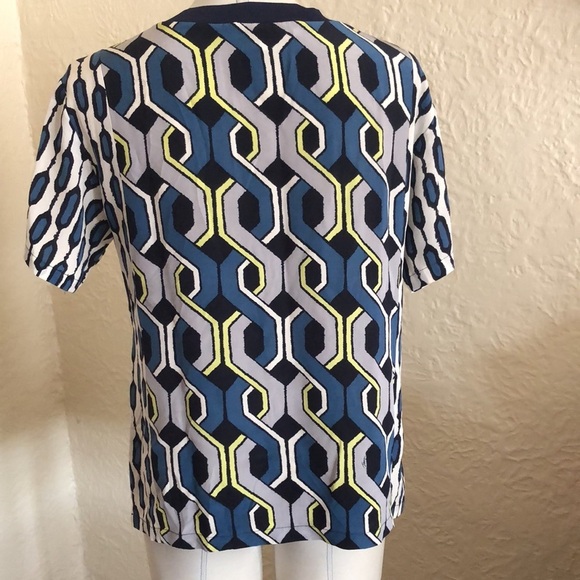 Trina Turk Silk Blue Yellow Geometric Patterned Top Shirt Blouse - Picture 5 of 10